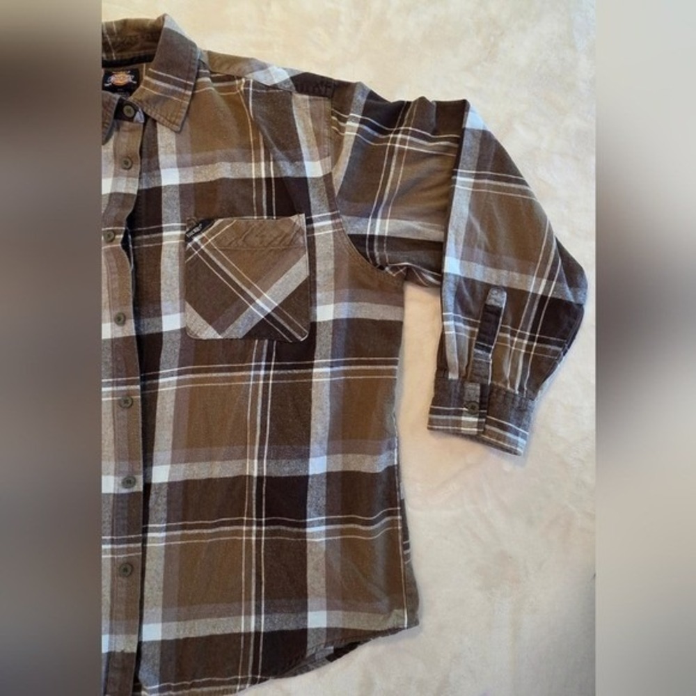 Dickies Plaid Flannel Shirt Mens 2XL Brown Workwear Gorpcore Overshirt - Picture 4 of 6